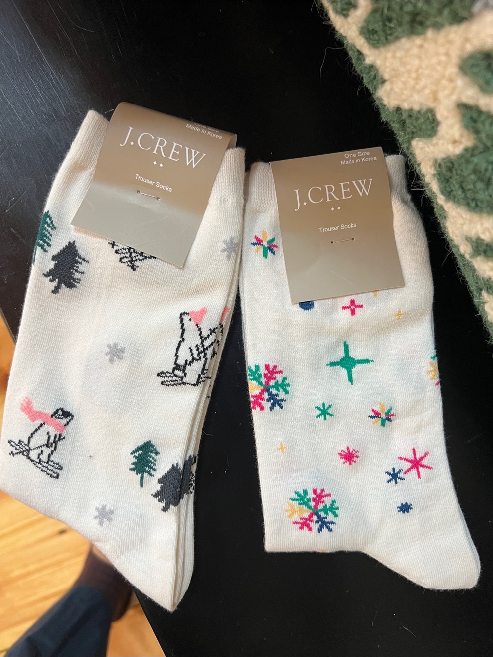 J. Crew White Trouser Socks with Multicolor Snowflake & Penguin Motifs